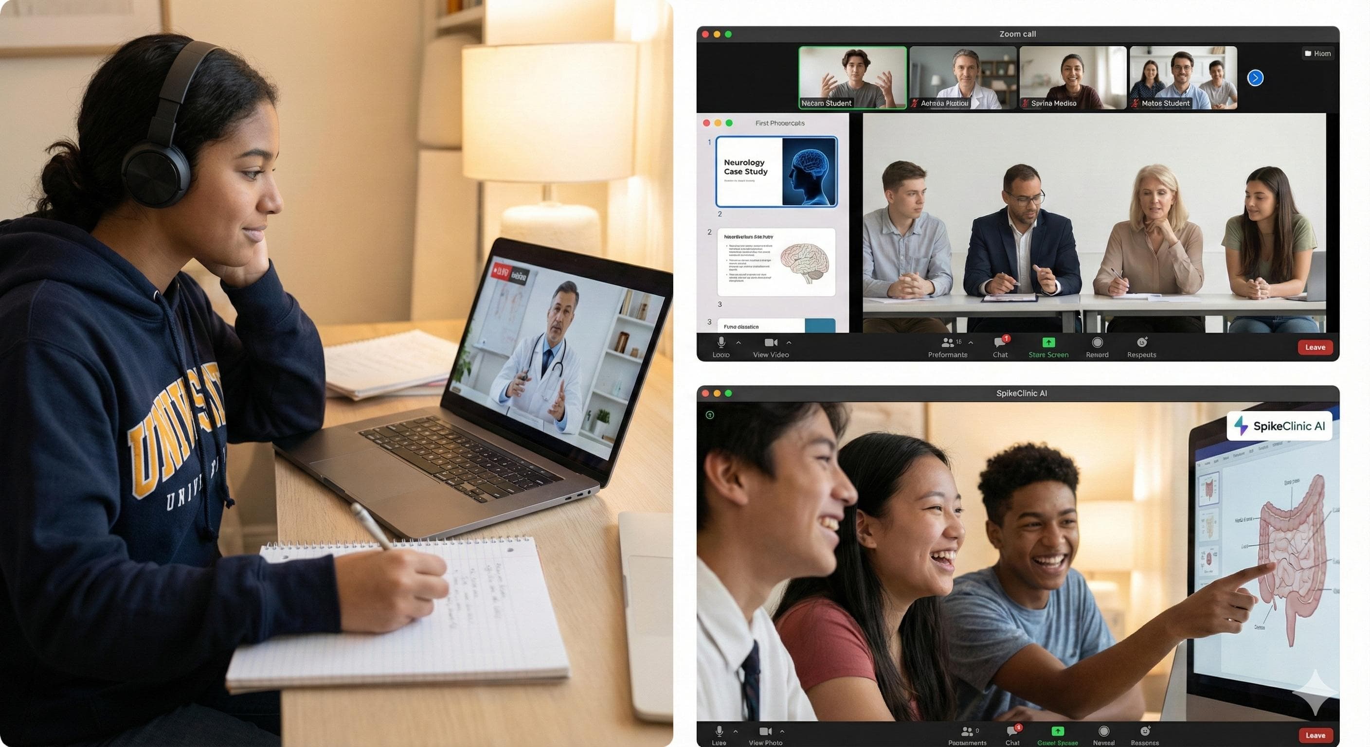 SpikeClinic AI medical education - high school students learning medicine online with live doctor sessions and case studies